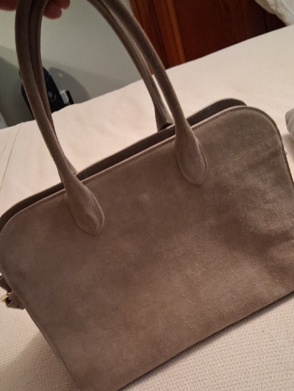 Taupe Suede Structured Satchel Handbag - Picture 4 of 7